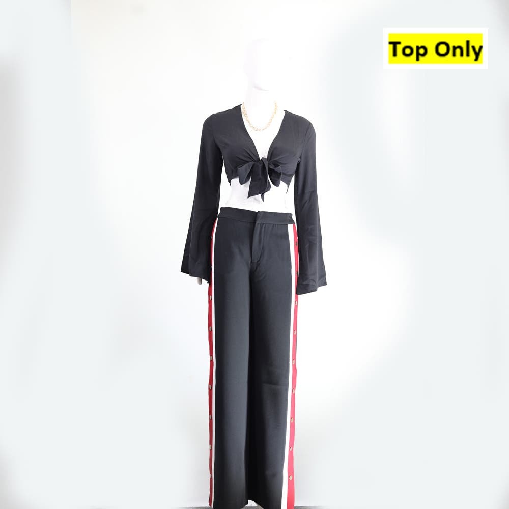 Elegant Black Cropped Blouse with Tie - Classy & Chic